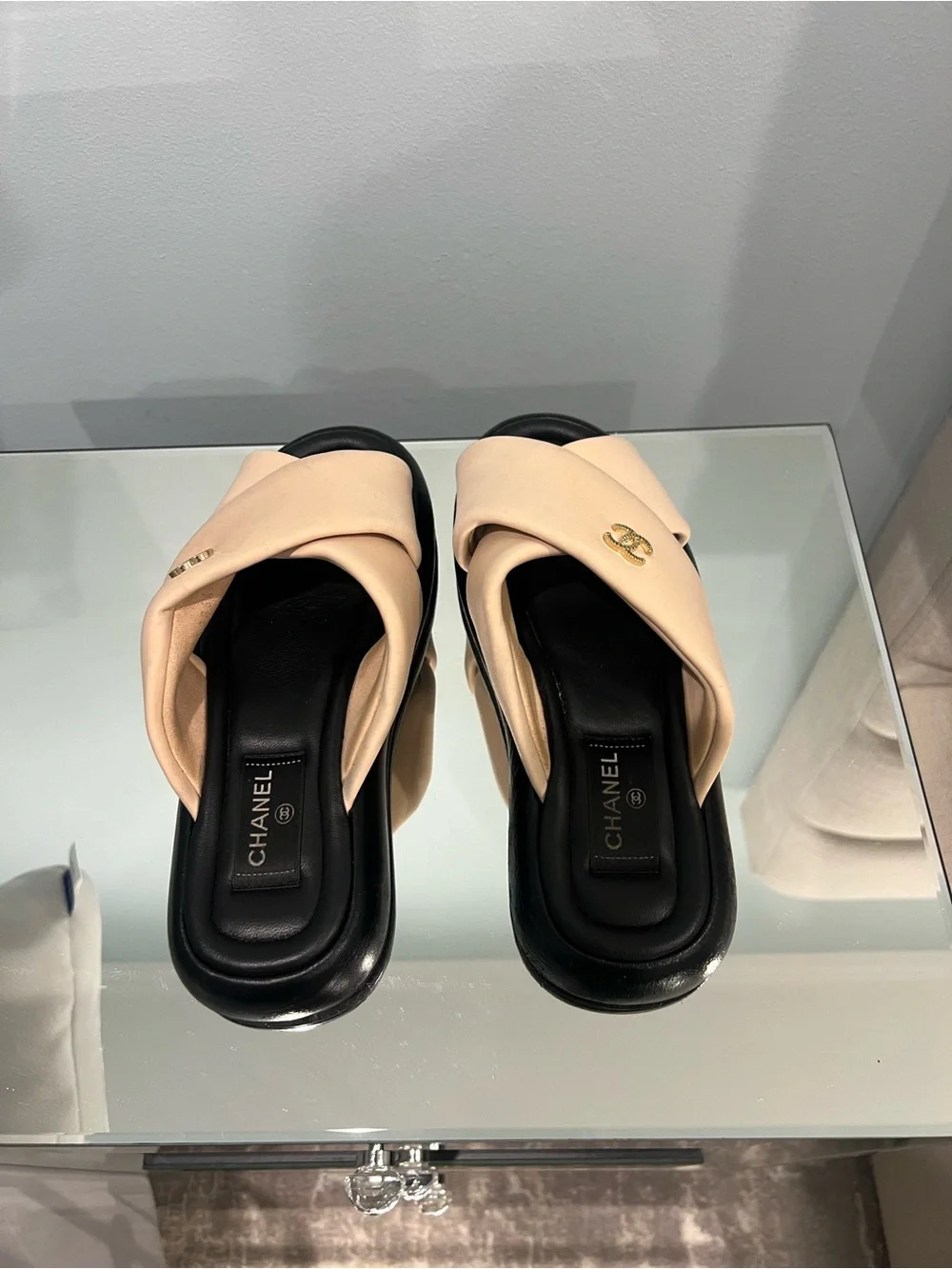 CHANEL Nude Crisscross Logo Slide Sandals
